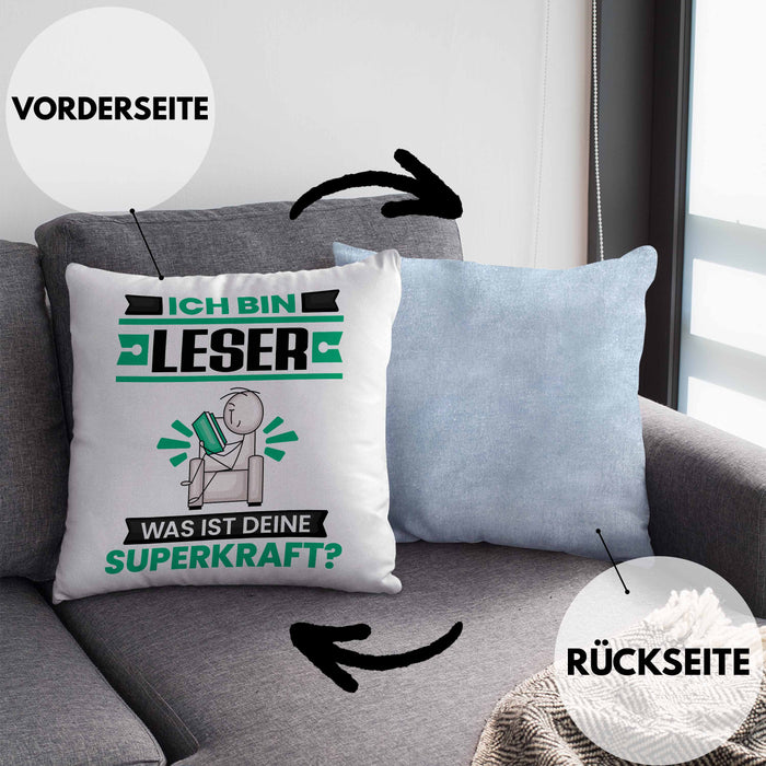 Leser Kissen mit Füllung 40x40 Geschenk für Leser Geburtstag Lustiger Spruch Was Ist Deine Superkraft (Grau) Blau Trendation