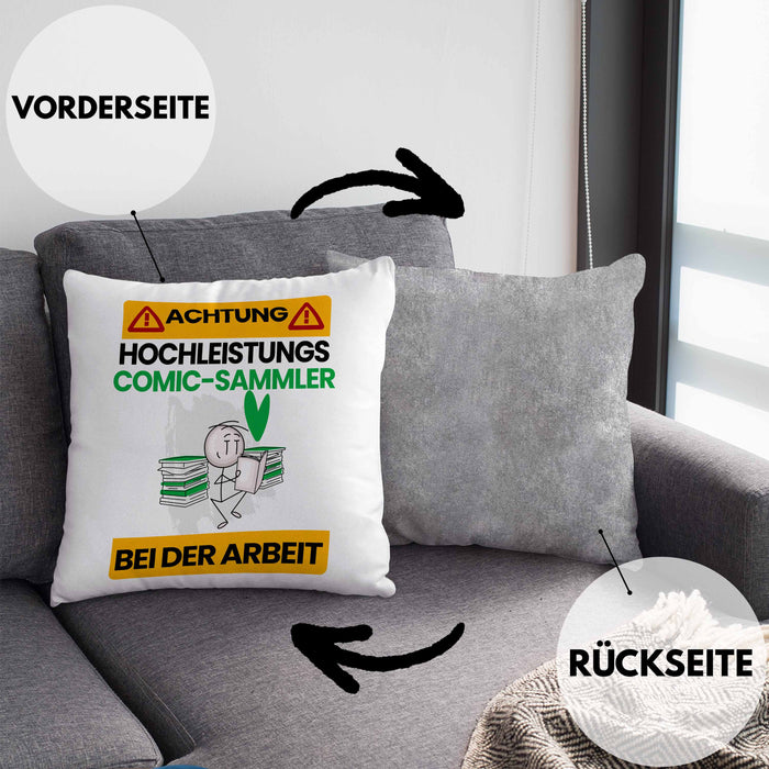 Comic-Sammler Kissen mit Füllung 40x40 Geschenk Lustiger Spruch Geschenkidee für Comic-Sammler Achtung Hochleistungs Comic-Sammler Bei Der Arbeit (Grau) Grau Trendation