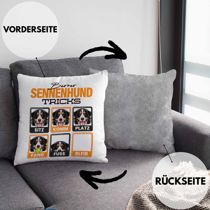 Berner Sennen Besitzer Kissen mit Füllung 40x40 Geschenk Lustiger Spruch Geschenkidee Berner Sennen Tricks Bleib (Grau) Grau Trendation