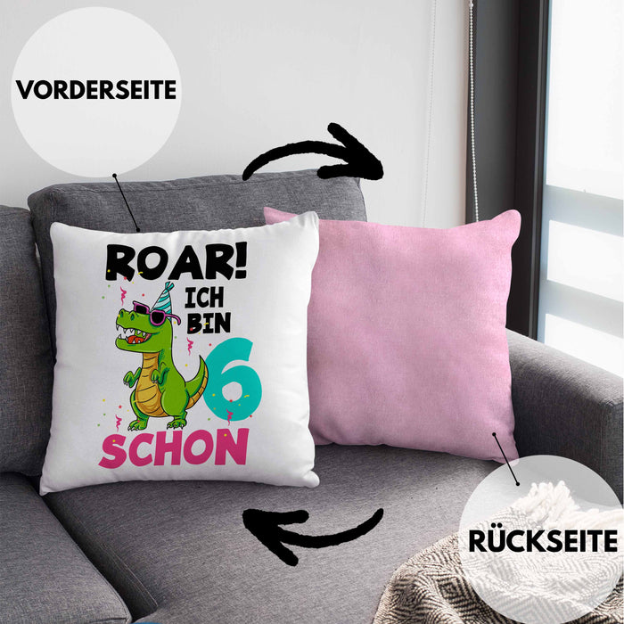 6. Geburtstag Kissen mit Füllung 40x40 Geschenk Lustiger Spruch Roar Ich Bin Schon 6 Dinosaurier Geschenkidee Geburtstag (Grau) Rosa Trendation