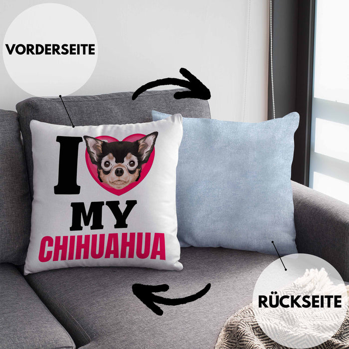 Chihuahua Besitzerin Kissen mit Füllung 40x40 Geschenk Lustiger Spruch Geschenkidee I Love My Chihuahua (Grau) Blau Trendation