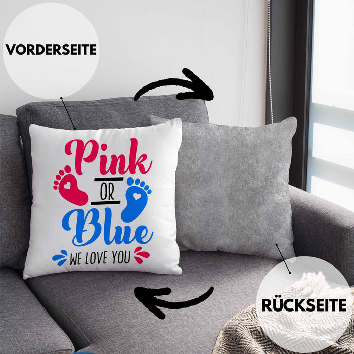 Kissen mit Füllung 40x40 Gender Reveal Geschenk Pink Or Blue We Love You Baby Überraschung (Grau) Grau Trendation