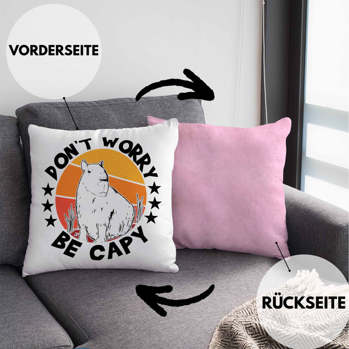 Don't Worry Be Capy Kissen mit Füllung 40x40 Capybara Tier Geschenk für Capybara Liebhaber (Grau) Rosa Trendation