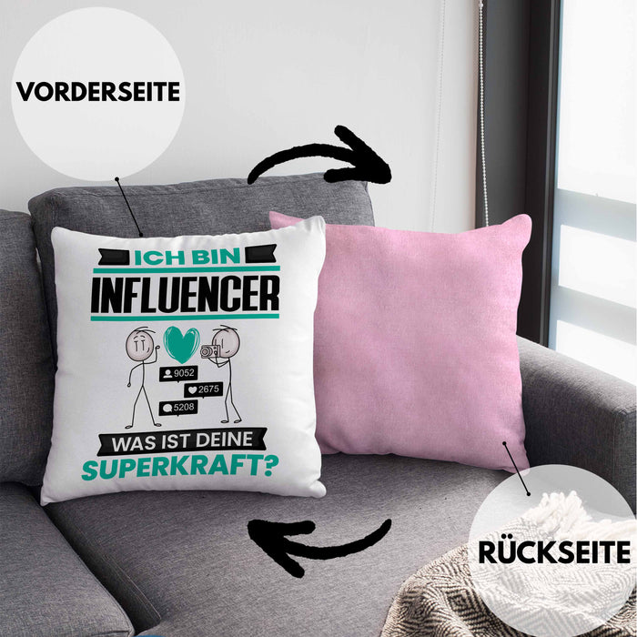 Influencer Kissen mit Füllung 40x40 Geschenk für Influencer Geburtstag Lustiger Spruch Was Ist Deine Superkraft (Grau) Rosa Trendation