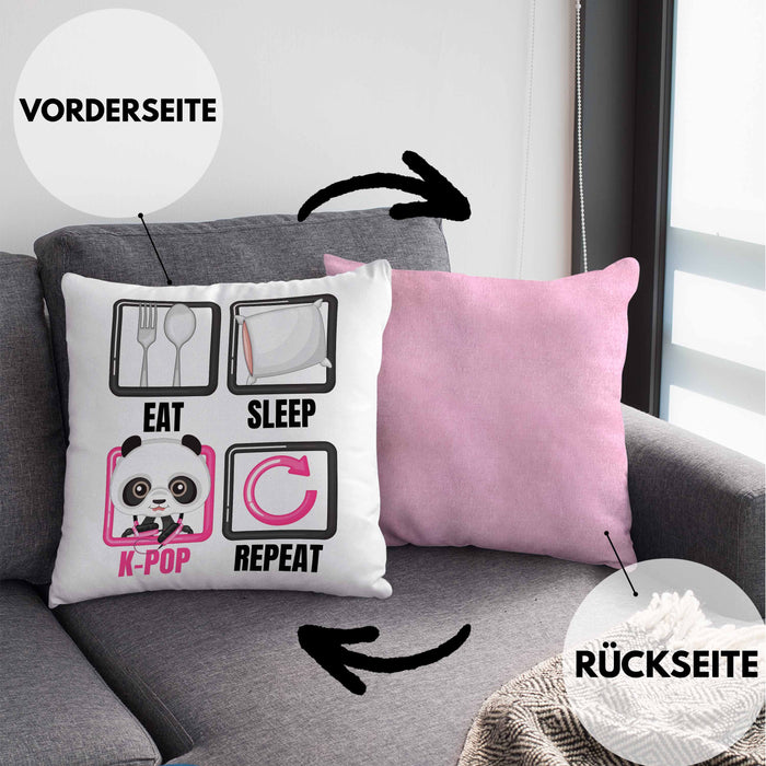 Eat Sleep K-Pop Kissen mit Füllung 40x40 Geschenk Koreanische Musik Kpop Geschenkidee Spruch (Grau) Rosa Trendation