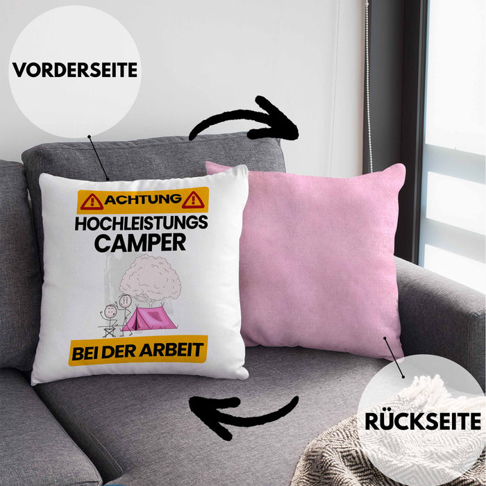 Camper Kissen mit Füllung 40x40 Geschenk Lustiger Spruch Geschenkidee für Camper Achtung Hochleistungs Camper Bei Der Arbeit (Grau) Rosa Trendation
