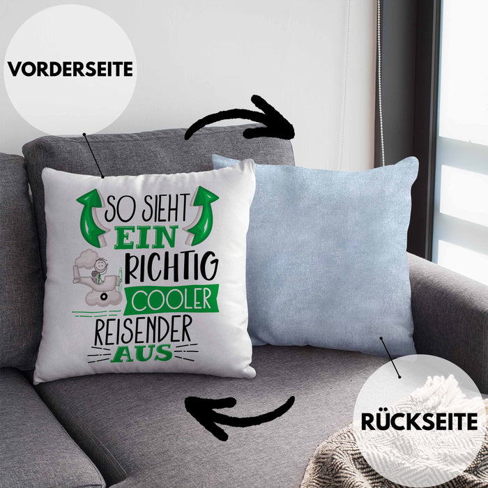 So Sieht Ein Richtig Cooler Reisender Aus Geschenk Kissen mit Füllung 40x40 Lustiger Spruch Geschenkidee (Grau) Blau Trendation
