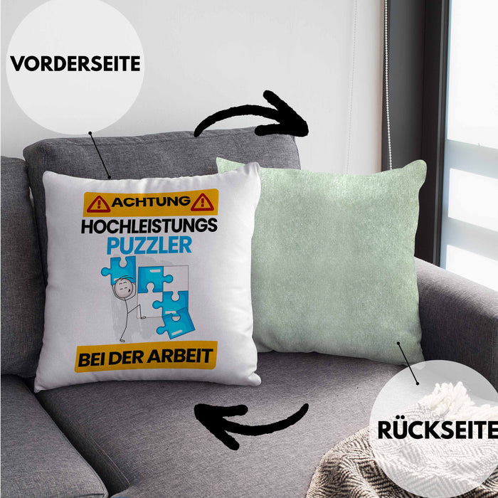 Puzzler Kissen mit Füllung 40x40 Geschenk Lustiger Spruch Geschenkidee für Puzzler Achtung Hochleistungs Puzzler Bei Der Arbeit (Grau) Grün Trendation