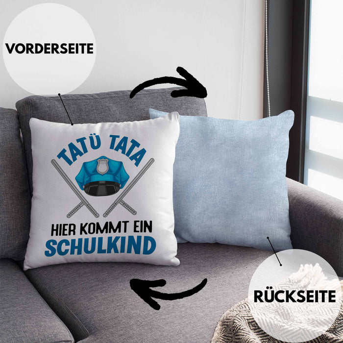 Einschulung Junge Tatü Tata Schulkind Geschenk für Schultüte Füllung Kissen mit Füllung 40x40 Schulstart 1. Schultag Schuleinführung Schulanfang Geschenkidee 2024 (Grau) Blau Trendation