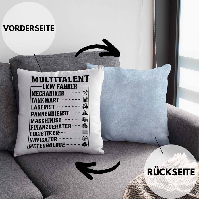 LKW Fahrer Kissen mit Füllung 40x40 Geschenk Multitalent Lustiger Spruch Lastkraftwagenfahrer (Grau) Blau Trendation