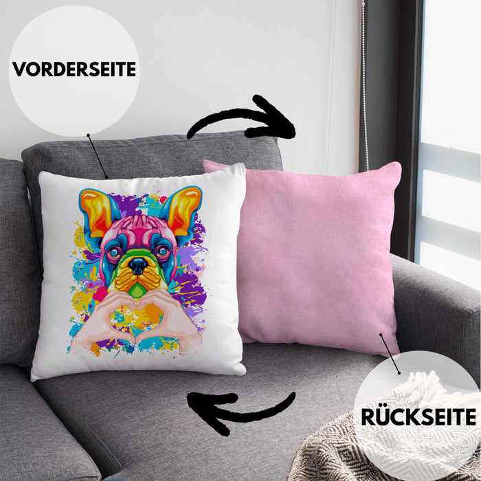 Französische Bulldogge Besitzer Farbe Love Kissen mit Füllung 40x40 Geschenk Lustiger Spruch Geschenkidee Französische Bulldogge Besitzerin (Grau) Rosa Trendation