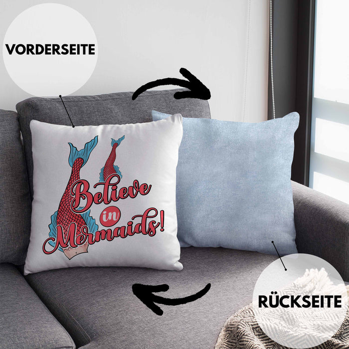 Meerjungfrau Geschenk Kissen mit Füllung 40x40 für Mädchen Nymphe Nixe Grafik Believe In Mermaids (Grau) Blau Trendation