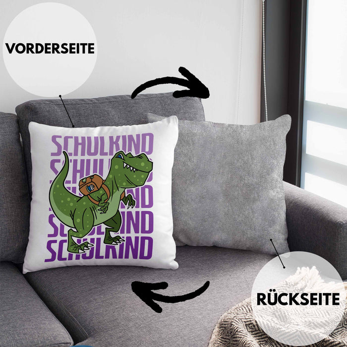 Einschulung Kissen mit Füllung 40x40 Geschenk Jungs Erster Schultag: Lustige T-Rex Dino Kissen mit Füllung 40x40 für Schulkind (Grau) Grau Trendation