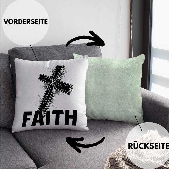 Faith Kissen mit Füllung 40x40 Geschenk Jesus Glauben Geschenkidee Kirche Ostern Christentum Häferl (Grau) Grün Trendation