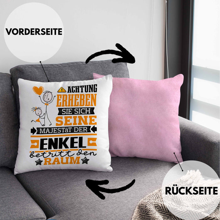 Enkel Geschenk Kissen mit Füllung 40x40 Lustiger Spruch Erheben Sie Sich Der Enkel Betritt den Raum (Grau) Rosa Trendation