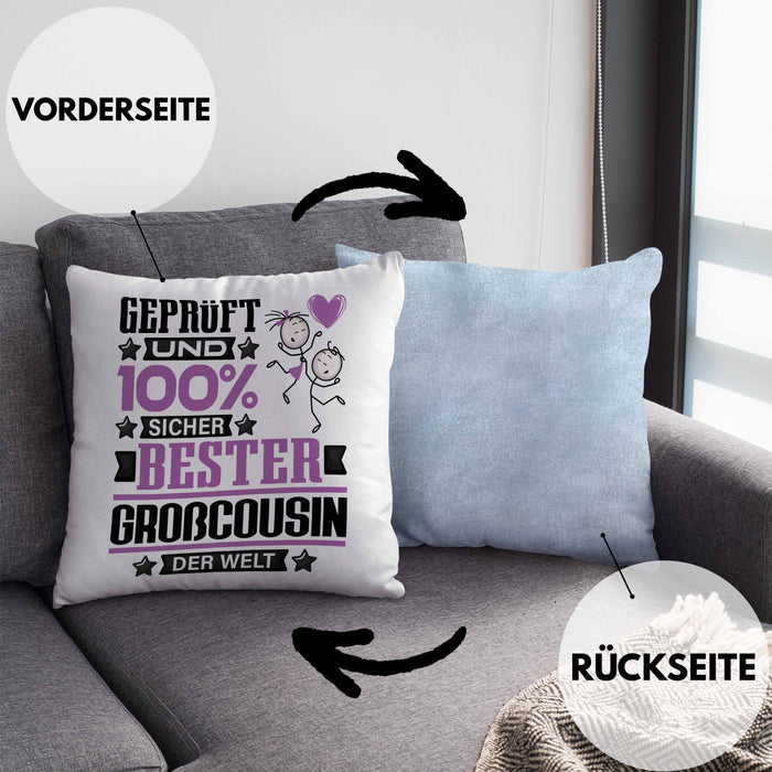 Großcousin Geschenk Lustiger Spruch für Großcousin Geschenkidee Bester Großcousin Der WeltKissen mit Füllung 40x40 (Grau) Blau Trendation