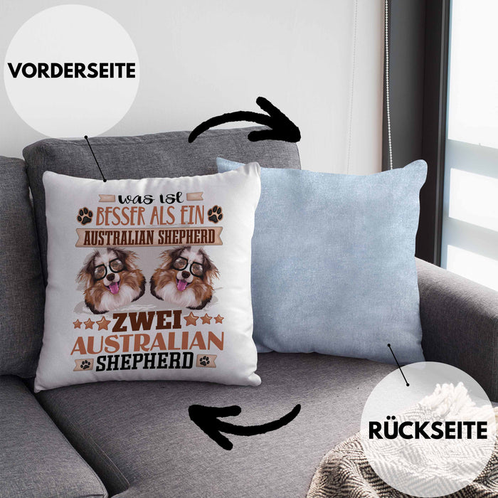 Australian Shepherd Besitzer Kissen mit Füllung 40x40 Geschenk Lustiger Spruch Geschenkidee Was Ist Besser Als Ein Australian Shepherd (Grau) Blau Trendation