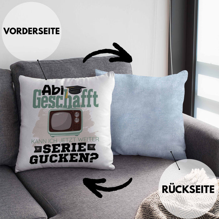Abi Geschafft Abitur Prüfung Bestanden Kissen mit Füllung 40x40 Geschenk Kann Ich Jetzt Weiter Serie Gucken Serienjunkie Geschenkidee (Grau) Blau Trendation