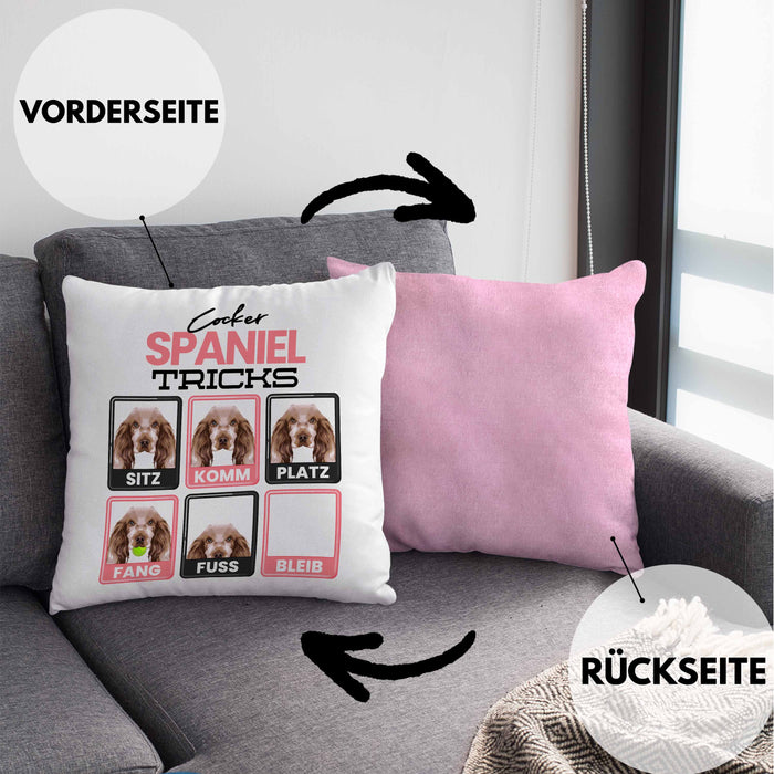 Cocker Spaniel Besitzer Kissen mit Füllung 40x40 Geschenk Lustiger Spruch Geschenkidee Cocker Spaniel Tricks Bleib (Grau) Rosa Trendation