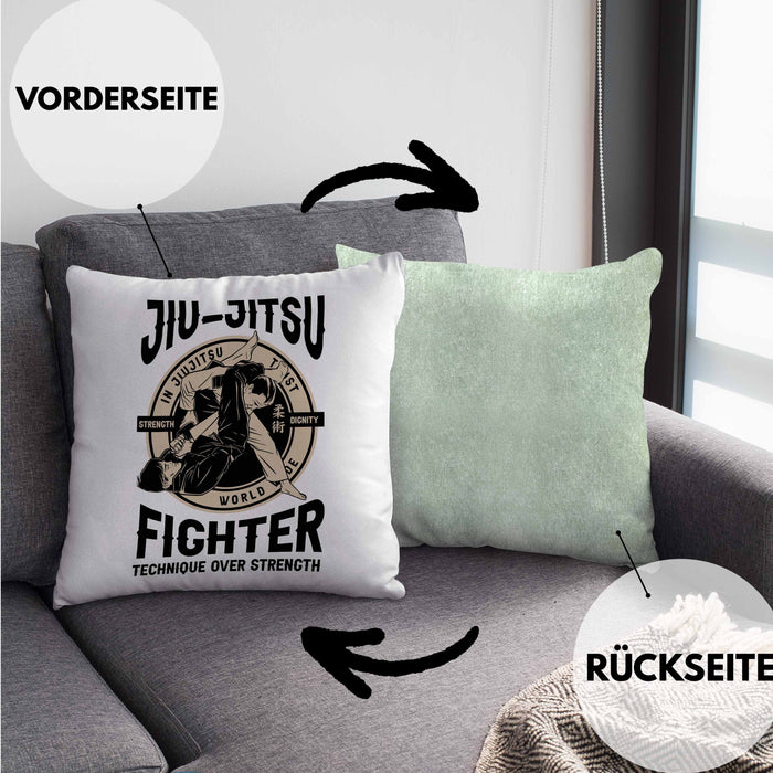 Jiu Jitsu Kissen mit Füllung 40x40 Geschenk für Kampfsportler Geschenkidee Technik über Stärke Spruch (Grau) Grün Trendation