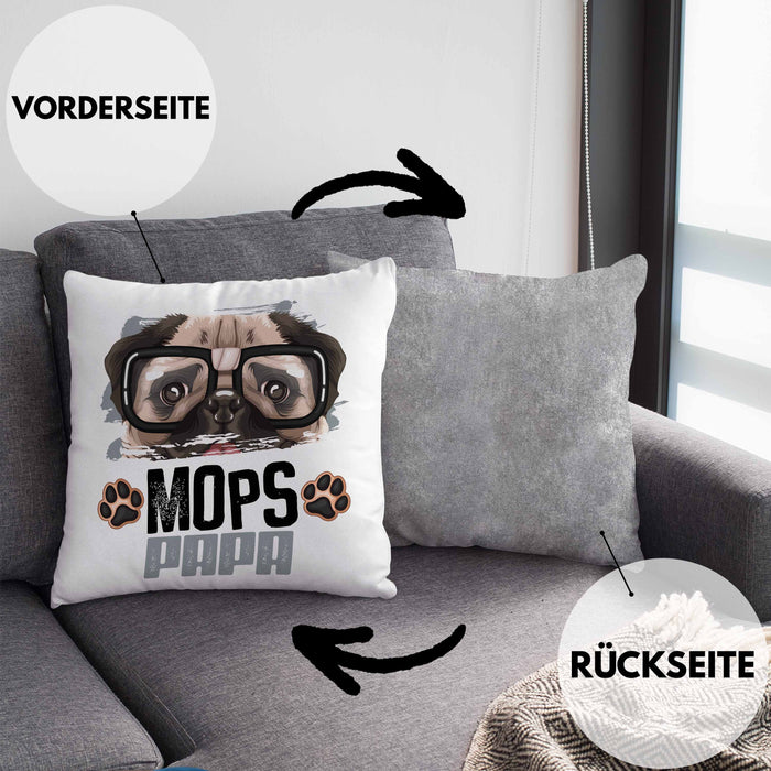 Mops Papa Besitzer Kissen mit Füllung 40x40 Geschenk Lustiger Spruch Geschenkidee Mops Liebhaber (Grau) Grau Trendation