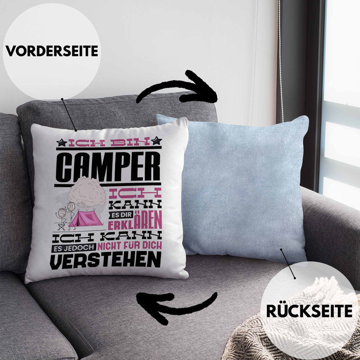 Camper Geschenk Kaffee-Kissen mit Füllung 40x40 Geschenkidee für Camper Ich Bin Camper Ich Kann Es Dir Erklären Jedoch Nicht Für Dich Verstehen Spruch Lustig (Grau) Blau Trendation
