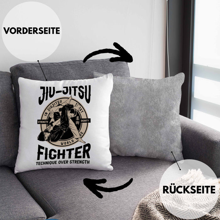 Jiu Jitsu Kissen mit Füllung 40x40 Geschenk für Kampfsportler Geschenkidee Technik über Stärke Spruch (Grau) Grau Trendation