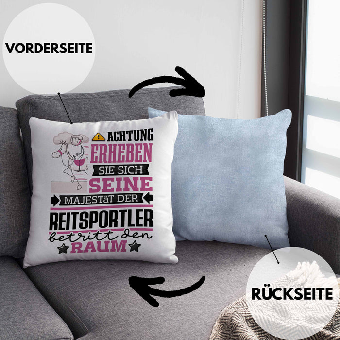 Reitsportler Geschenk Kissen mit Füllung 40x40 Lustiger Spruch Erheben Sie Sich Der Reitsportler Betritt den Raum (Grau) Blau Trendation