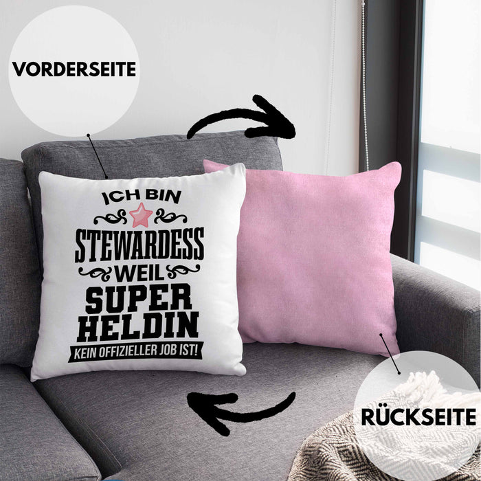 Stewardess Kissen mit Füllung 40x40 Geschenk für Stewardessin Lustiger Spruch (Grau) Rosa Trendation