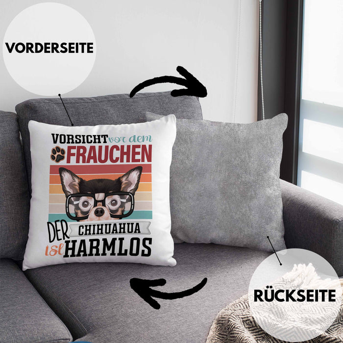 Chihuahua Besitzerin Frauchen Kissen mit Füllung 40x40 Geschenk Lustiger Spruch Geschenkidee Vorsicht Vor Dem Frauchen (Grau) Grau Trendation