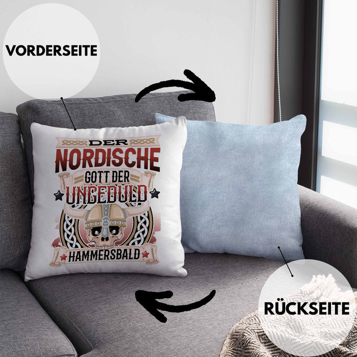 Der Nordische Gott Der Ungeduld Hammersbald Kissen mit Füllung 40x40 Geschenk Niedersachen Norddeutsch Gag Joke Spaß (Grau) Blau Trendation
