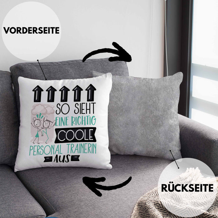 Personal Trainerin Geschenk Kissen mit Füllung 40x40 Lustig Geschenkidee für Personal Trainerin Geburtstag So Sieht Eine Richtig Coole Personal Trainerin Aus Frauen Spruch (Grau) Grau Trendation
