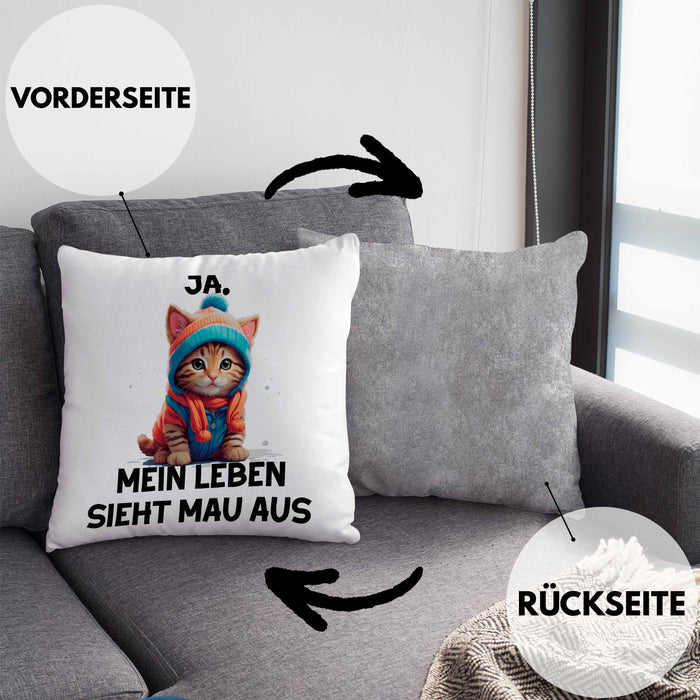 Dank Meme Kissen mit Füllung 40x40 Katzen Besitzer Wortspiel Ja Mein Leben Sieht Mau Aus Traurige Katze Geschenkidee Süße Katze (Grau) Grau Trendation