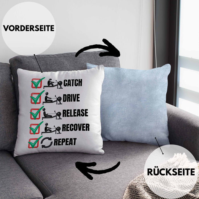 Rudern Kissen mit Füllung 40x40 Geschenk Ruderer Rudergerät Catch Drive Release Recover Repeat Ruder-Verein Geschenkidee (Grau) Blau Trendation