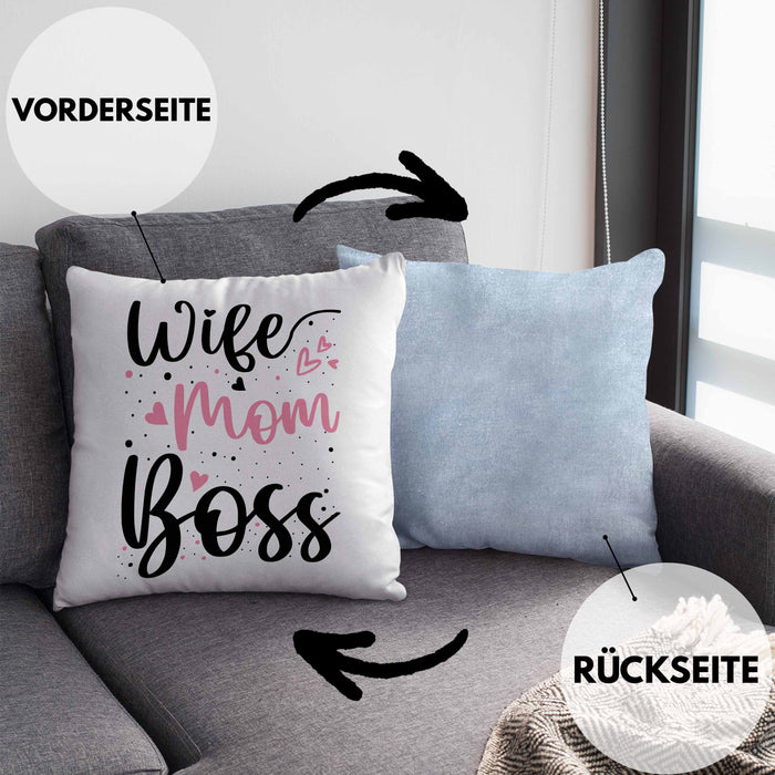 Wife Mom Boss Kissen mit Füllung 40x40 Geschenk Mutter Mama zum Muttertag Muttertagsgeschenk (Grau) Blau Trendation