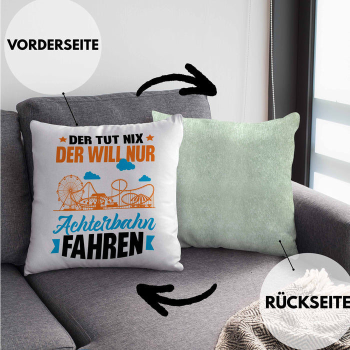 Achterbahn Kissen mit Füllung 40x40 Geschenk Der Tut Nix Der Will Nur Achterbahn Fahren Geschenkidee Erlebnispark (Grau) Grün Trendation