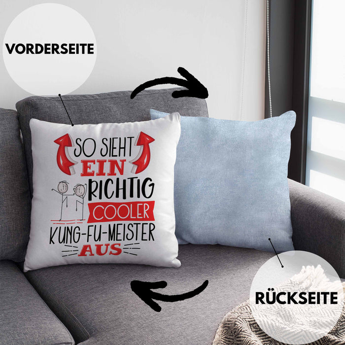 Kung-Fu Kissen mit Füllung 40x40 Geschenk So Sieht Ein Richtig Cooler Kung-Fu Aus Geschenkidee Spruch Lustig (Grau) Blau Trendation