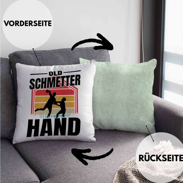 Handball Geschenk Kissen mit Füllung 40x40 Geschenkidee Handball-Spieler Handballspielerin Mädchen Jungs Old Schmetterhand (Grau) Grün Trendation