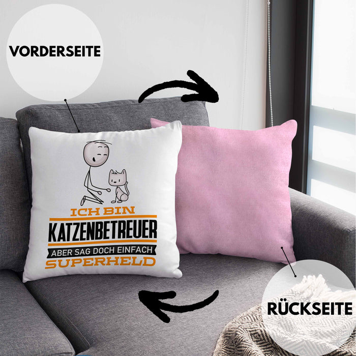 Katzenbetreuer Geschenk Kissen mit Füllung 40x40 Ich Bin Katzenbetreuer Aber Sag Doch Einfach Superheld Lustige Geschenkdiee für Katzenbetreuer (Grau) Rosa Trendation