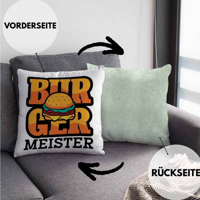 Burger Meister Kissen mit Füllung 40x40 Geschenk Spruch Grillen Sommer Burger Liebhaber Geschenkidee Cheeseburger (Grau) Grün Trendation