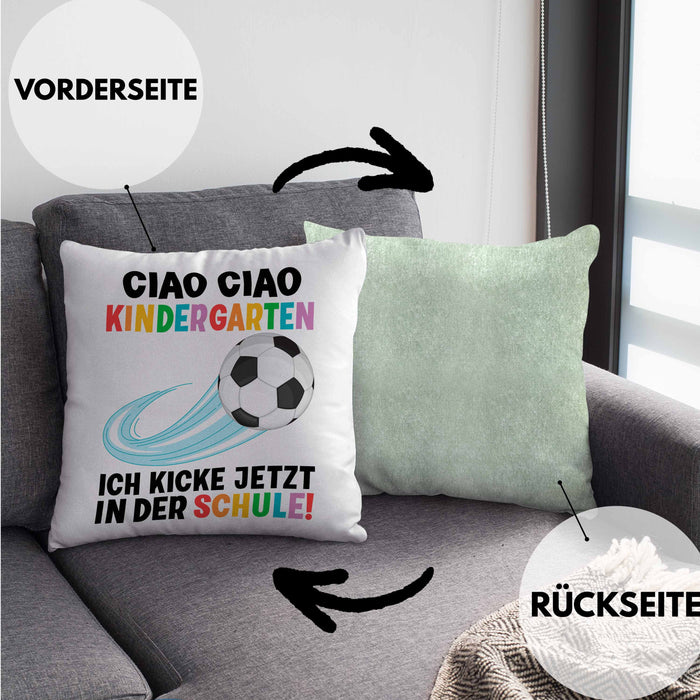 Einschulung Junge Fußball Schulkind Geschenk für Schultüte Füllung Kissen mit Füllung 40x40 Schulstart 1. Schultag Schuleinführung Schulanfang Geschenkidee 2024 (Grau) Grün Trendation