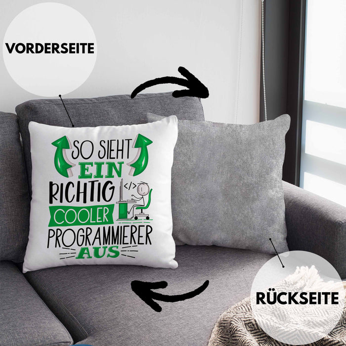 Programmierer Kissen mit Füllung 40x40 Geschenk So Sieht Ein RIchtig Cooler Programmierer Aus Geschenkidee Lustiger Spruch Geburtstag (Grau) Grau Trendation