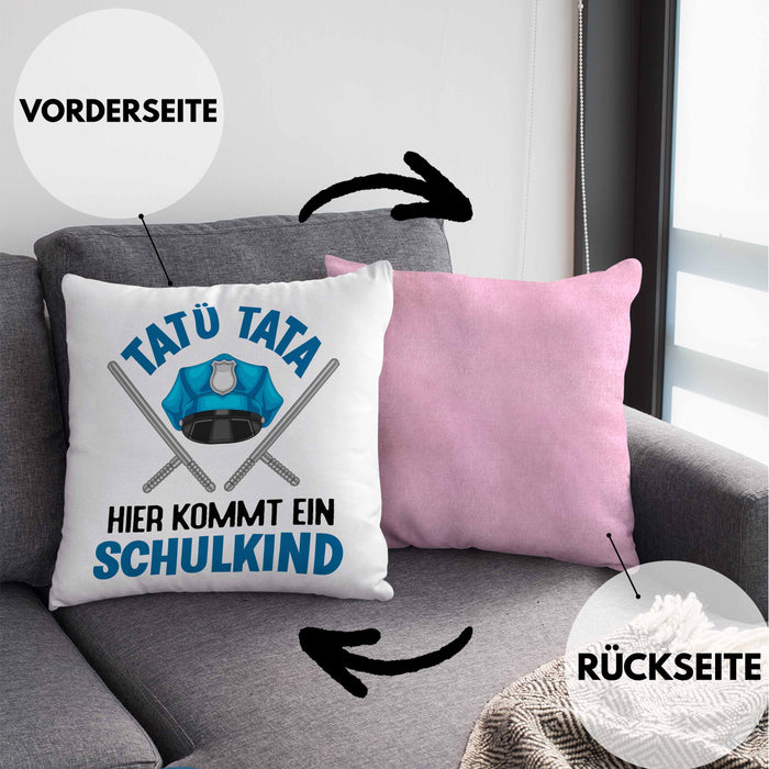Einschulung Junge Tatü Tata Schulkind Geschenk für Schultüte Füllung Kissen mit Füllung 40x40 Schulstart 1. Schultag Schuleinführung Schulanfang Geschenkidee 2024 (Grau) Rosa Trendation