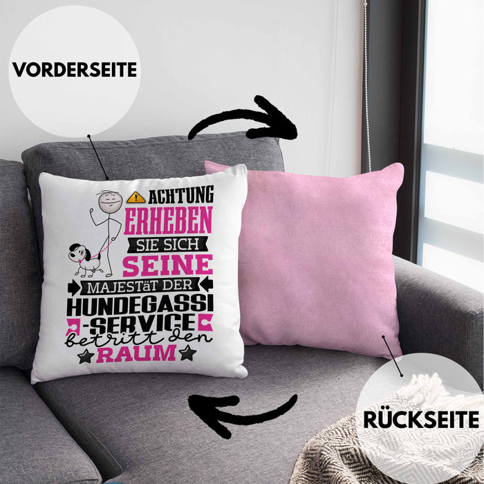 Hundegassi-Service Geschenk Kissen mit Füllung 40x40 Lustiger Spruch Erheben Sie Sich Der Hundegassi-Service Betritt den Raum (Grau) Rosa Trendation