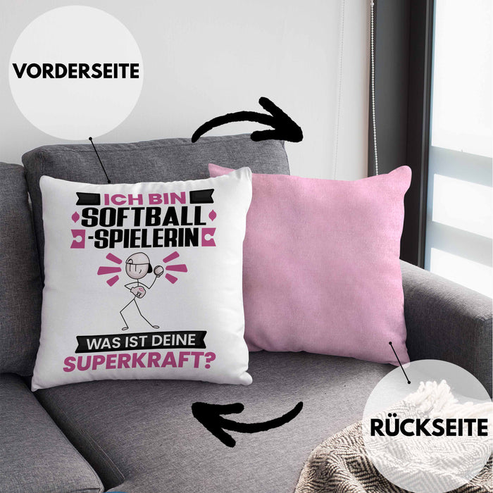 Softballspielerin Kissen mit Füllung 40x40 Geschenk für Softballspielerin Geburtstag Lustiger Spruch Was Ist Deine Superkraft (Grau) Rosa Trendation