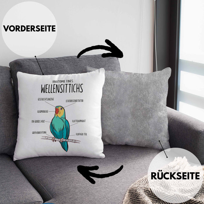 Lustige Wellensittich-Kissen mit Füllung 40x40 Geschenk für Wellensittich-Besitzer (Grau) Grau Trendation