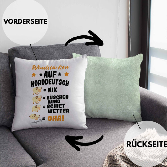 Windstärken Auf Norddeutsch Kissen mit Füllung 40x40 Geschenk Norddeutschland Spruch Büschen Wind Schiet Wetter (Grau) Grün Trendation
