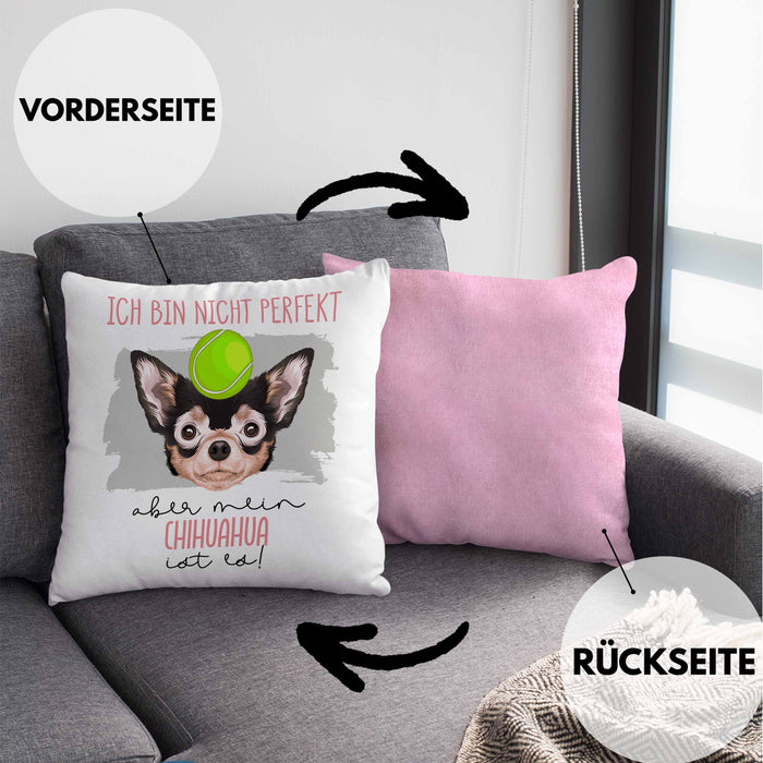 Chihuahua Besitzer Kissen mit Füllung 40x40 Geschenk Lustiger Spruch Geschenkidee Besitzerin Ich Bin Nicht toll Aber Mein Chihuahua Ist Es (Grau) Rosa Trendation