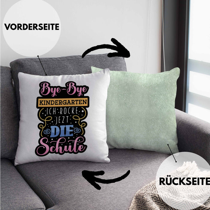Einschulung Kissen mit Füllung 40x40 "Bye-Bye Kindergarten, Ich rocke jetzt die Schule" Geschenk für Schulanfänger (Grau) Grün Trendation