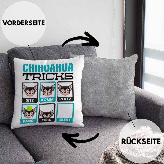 Chihuahua Besitzer Kissen mit Füllung 40x40 Geschenk Lustiger Spruch Geschenkidee Chihuahua Tricks Bleib (Grau) Grau Trendation